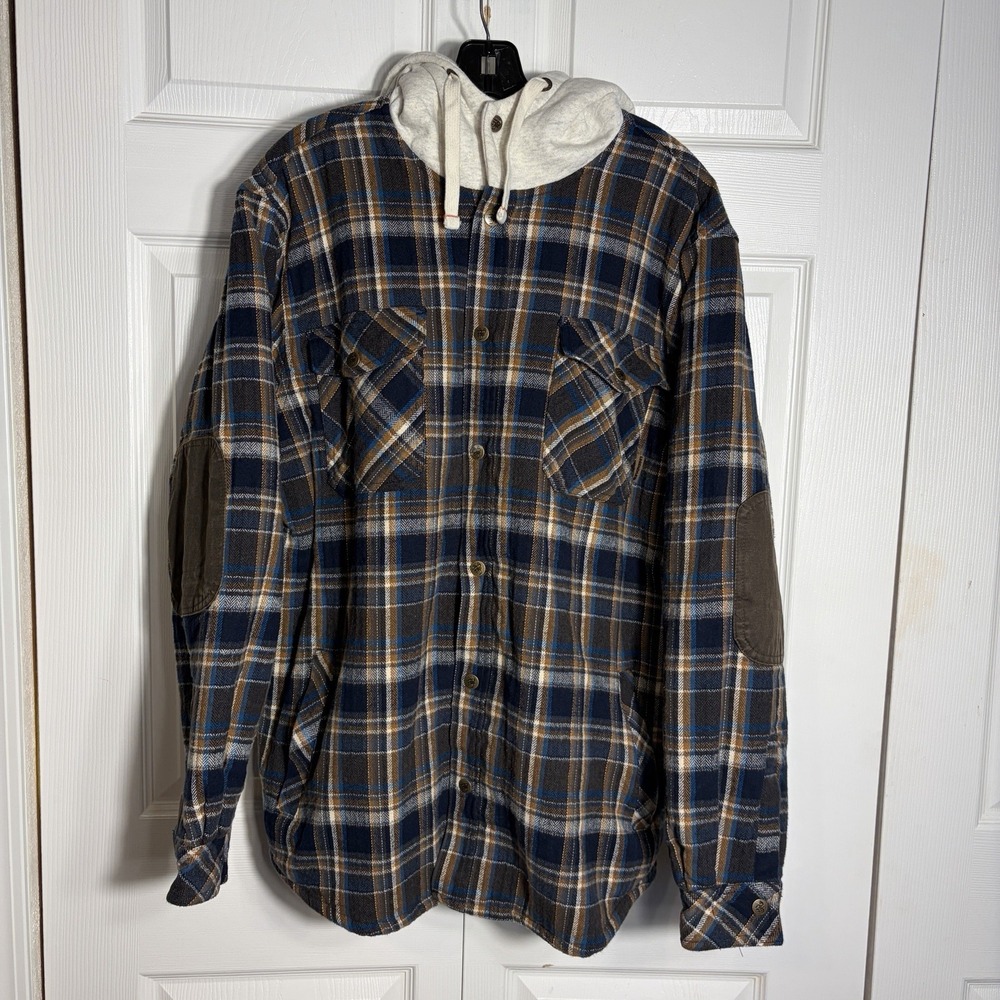 Legendary Whitetails Hooded Flannel Shirt Shacket Men XL Brown Blue Plaid Sherpa